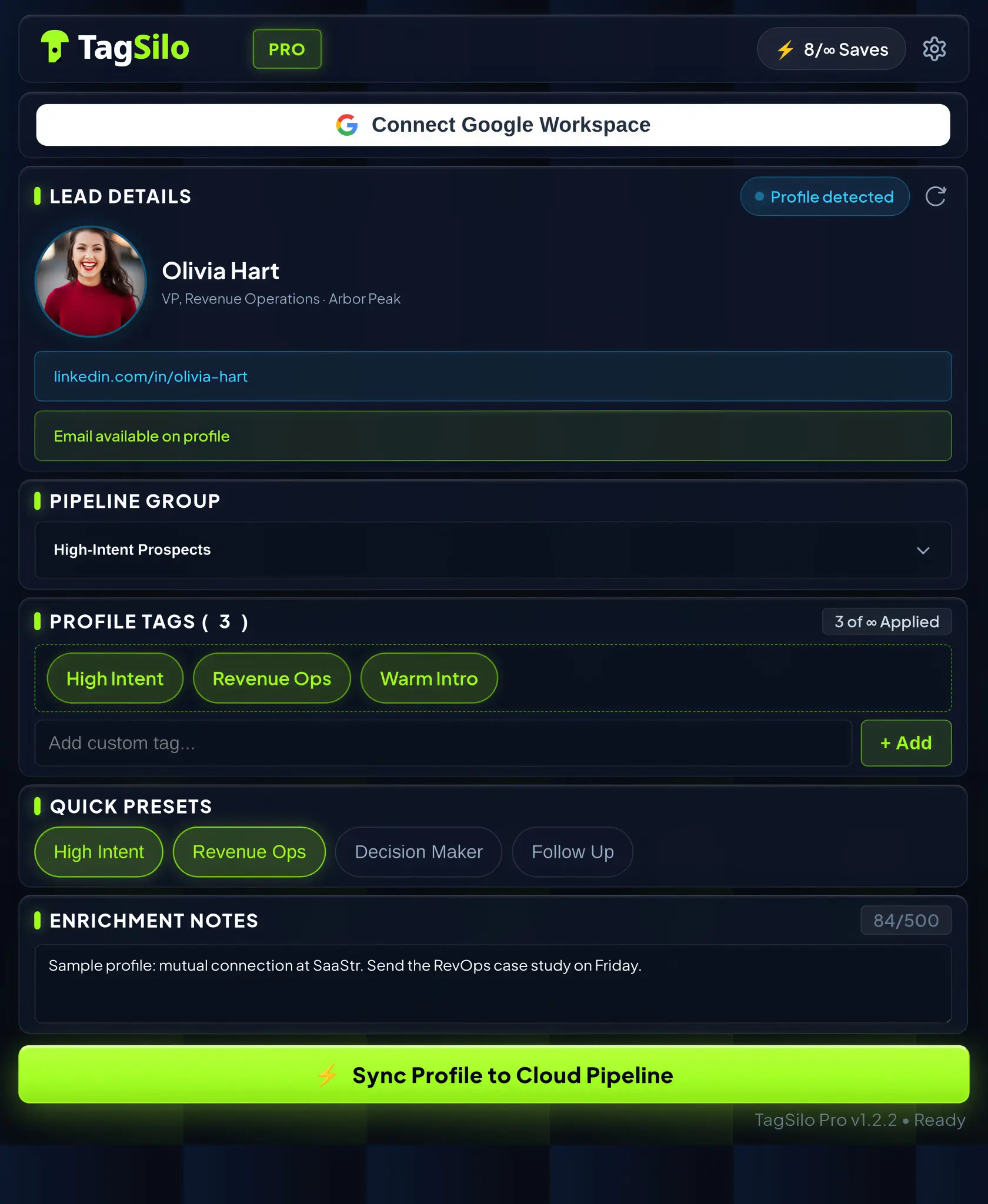 TagSilo browser extension showing detected profile details, pipeline group, tags, a note, and a control to sync the profile.