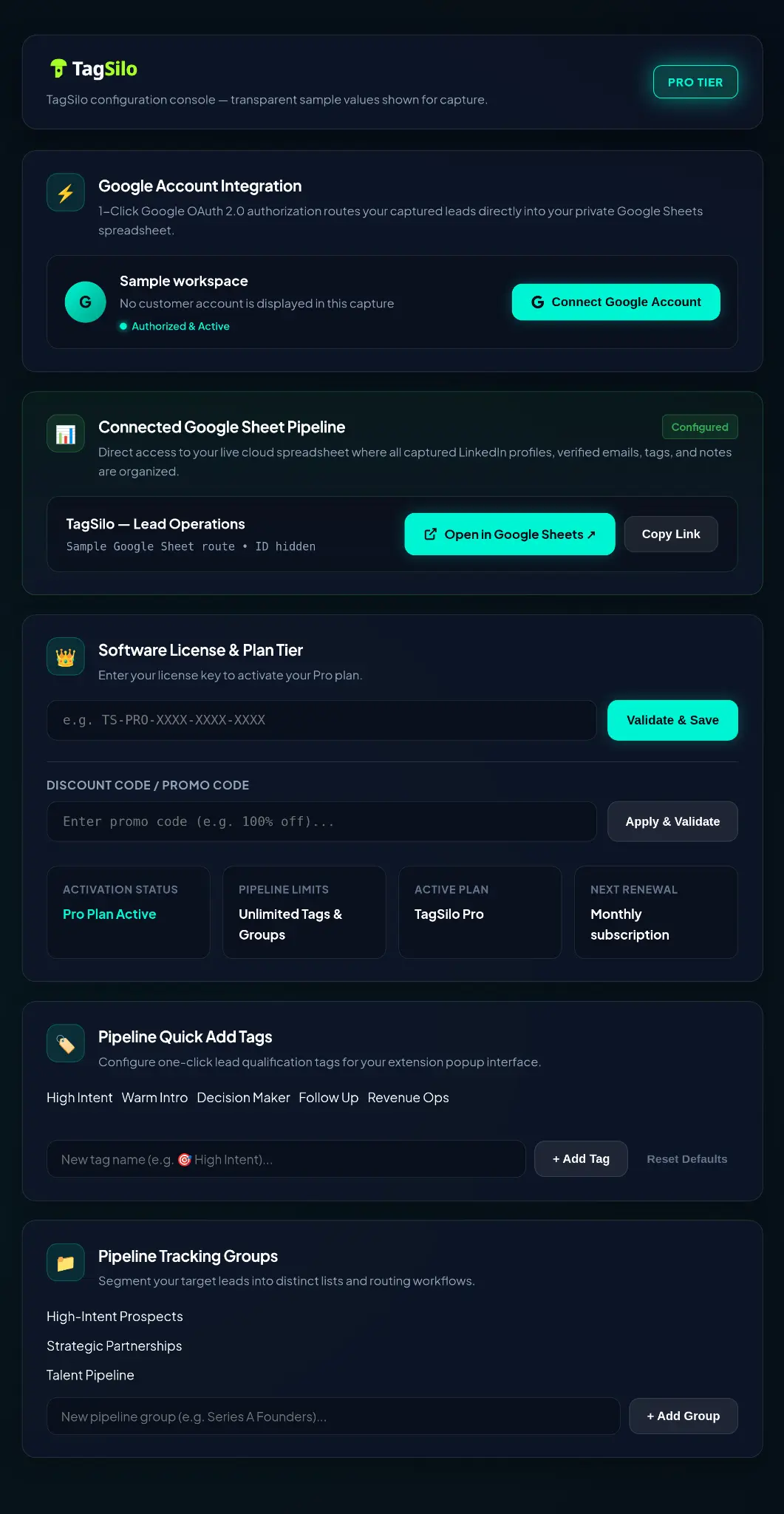 TagSilo configuration settings for Google Sheets connection, plan management, quick tags, and tracking groups.